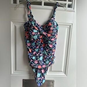 Floral Orange Peach Aqua Dark Blue Size 16 One Piece Anne Cole Swimsuit